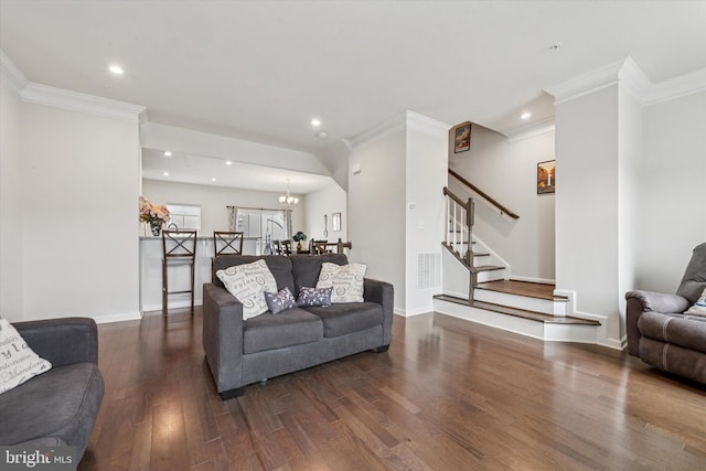 515 Quarry Point Rd, Malvern, PA 19355 - living room featuring wood finished floors, stairs, a chandelier, recessed lighting, and crown molding