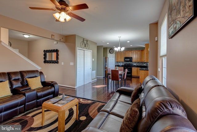 2018 Silver Bell Ct, Culpeper, VA 22701 - living area with a chandelier, a ceiling fan, dark wood finished floors, and recessed lighting
