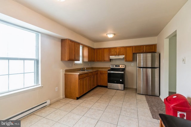 46 Hampshire Rd, Sicklerville, NJ 08081 - kitchen with appliances with stainless steel finishes, a baseboard heating unit, under cabinet range hood, brown cabinets, and light tile patterned flooring