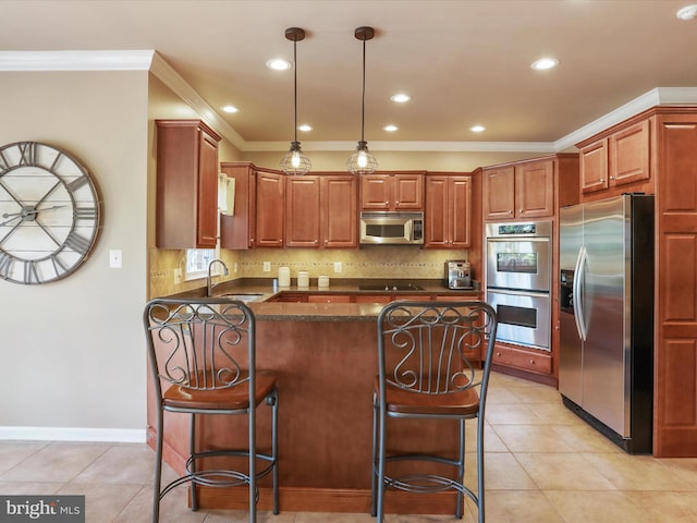 22124 Whitestone Ct, Smithsburg, MD 21783 - kitchen with stainless steel appliances, ornamental molding, a breakfast bar area, decorative backsplash, and light tile patterned flooring