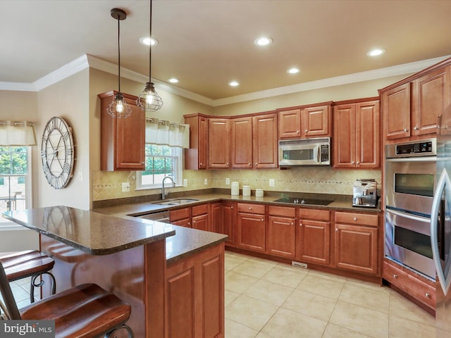 22124 Whitestone Ct, Smithsburg, MD 21783 - kitchen featuring stainless steel appliances, crown molding, a breakfast bar, a peninsula, and pendant lighting
