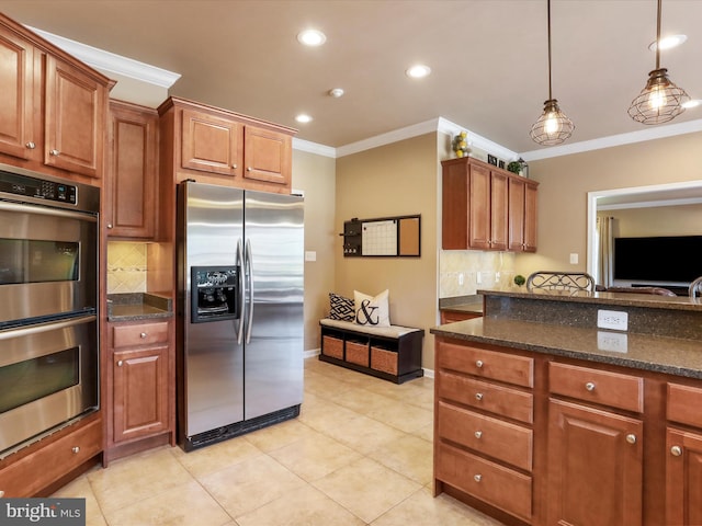 22124 Whitestone Ct, Smithsburg, MD 21783 - kitchen with appliances with stainless steel finishes, ornamental molding, decorative backsplash, recessed lighting, and light tile patterned flooring