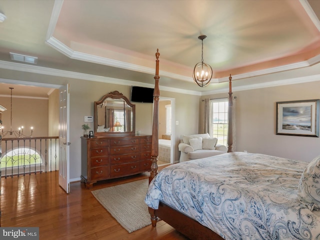 22124 Whitestone Ct, Smithsburg, MD 21783 - bedroom featuring a chandelier, a tray ceiling, wood finished floors, and crown molding
