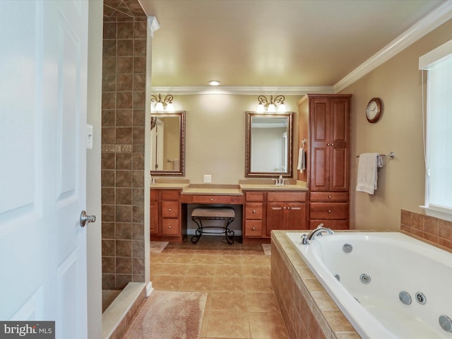 22124 Whitestone Ct, Smithsburg, MD 21783 - full bathroom featuring double vanity, a tub with jets, ornamental molding, and tile patterned floors