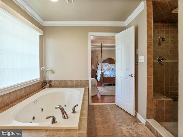 22124 Whitestone Ct, Smithsburg, MD 21783 - ensuite bathroom with a whirlpool tub, ornamental molding, tiled shower, and tile patterned floors