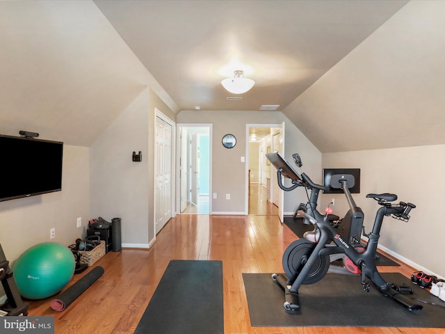 22124 Whitestone Ct, Smithsburg, MD 21783 - exercise area featuring wood finished floors and lofted ceiling