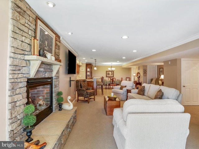 22124 Whitestone Ct, Smithsburg, MD 21783 - living area with crown molding, carpet floors, recessed lighting, and a fireplace