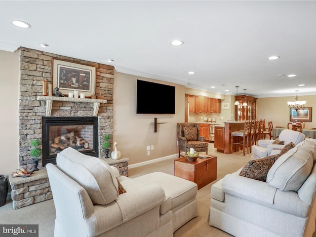 22124 Whitestone Ct, Smithsburg, MD 21783 - living room featuring light carpet, recessed lighting, a fireplace, and a chandelier