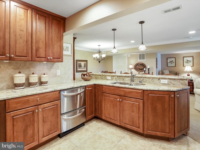 22124 Whitestone Ct, Smithsburg, MD 21783 - kitchen with stainless steel dishwasher, light stone countertops, a peninsula, ornamental molding, and brown cabinets