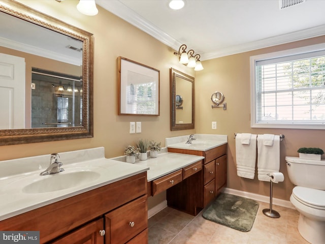 22124 Whitestone Ct, Smithsburg, MD 21783 - bathroom with crown molding, vanity, a tile shower, and tile patterned floors