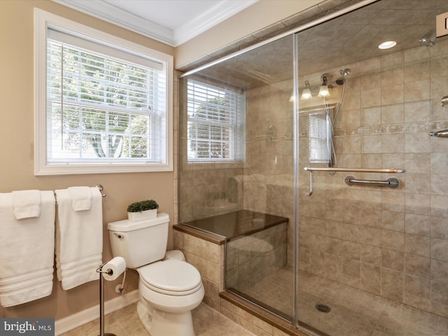 22124 Whitestone Ct, Smithsburg, MD 21783 - bathroom with a stall shower, tile patterned floors, and crown molding