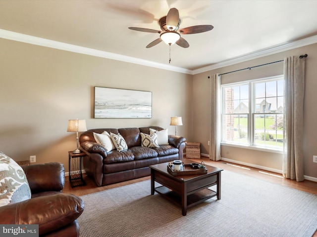 22124 Whitestone Ct, Smithsburg, MD 21783 - living room featuring crown molding, a ceiling fan, and light wood-style flooring