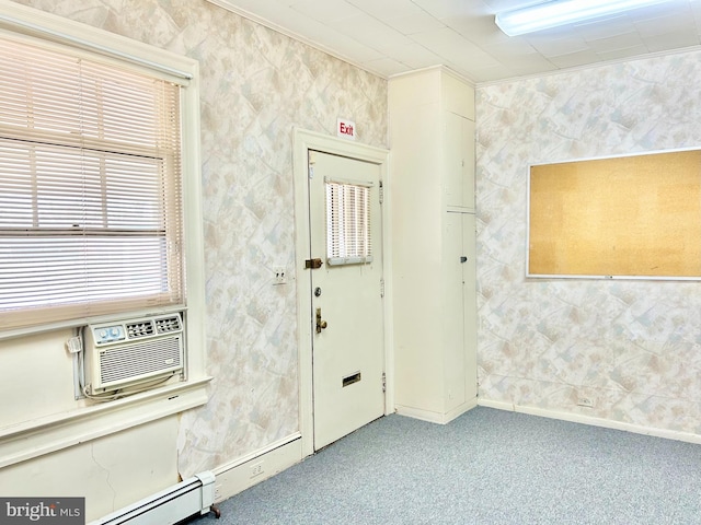 5904 Harford Rd, Baltimore, MD 21214 - entrance foyer featuring light carpet, cooling unit, a baseboard heating unit, and ornamental molding