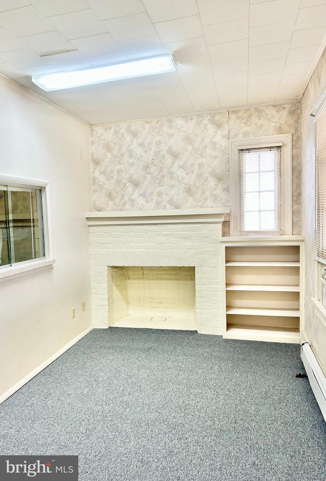 5904 Harford Rd, Baltimore, MD 21214 - unfurnished living room featuring carpet flooring, a fireplace, and baseboard heating