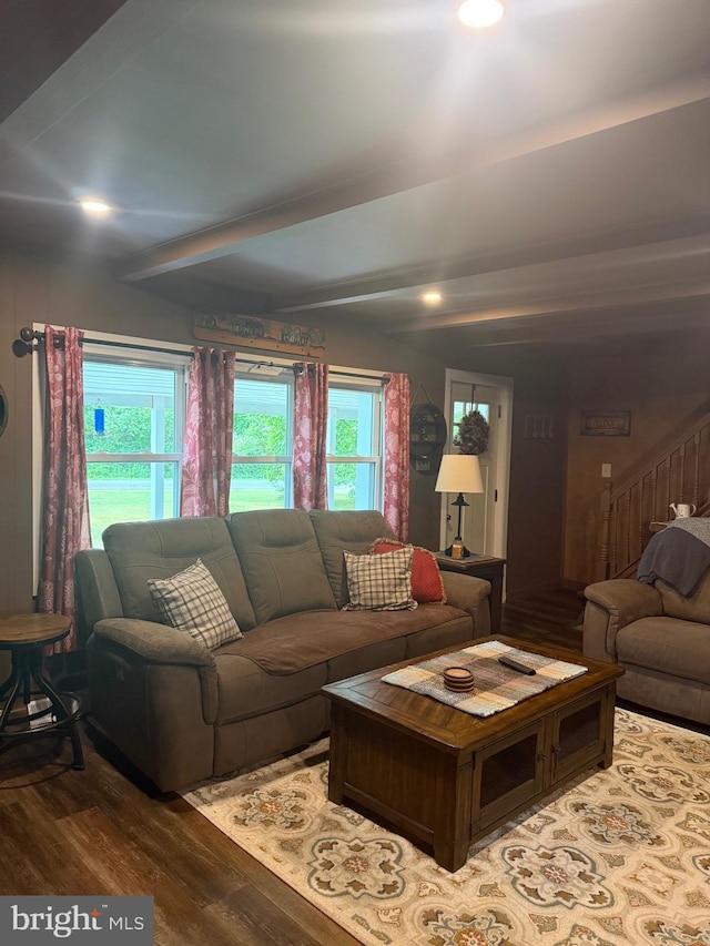 352 Almond Rd, Pittsgrove, NJ 08318 - living area featuring wood finished floors, stairs, beamed ceiling, and recessed lighting