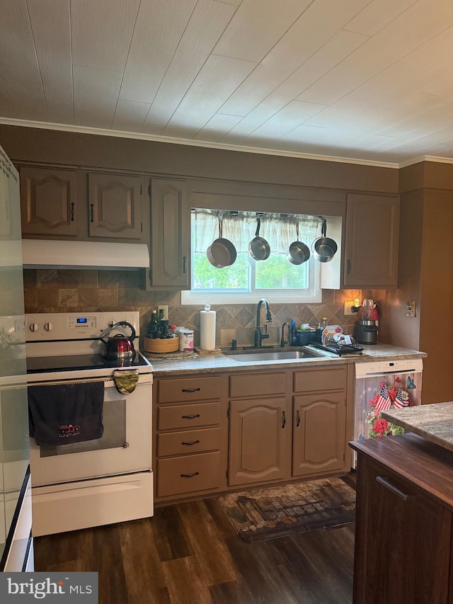 352 Almond Rd, Pittsgrove, NJ 08318 - kitchen featuring white electric stove, premium range hood, decorative backsplash, light countertops, and dark wood-style floors