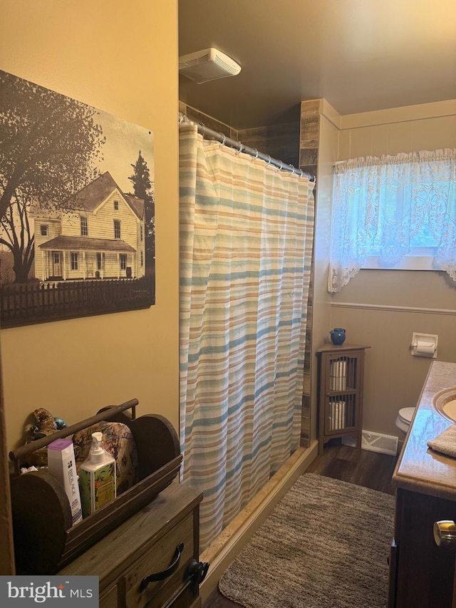 352 Almond Rd, Pittsgrove, NJ 08318 - full bathroom with vanity, wood finished floors, and a shower with shower curtain