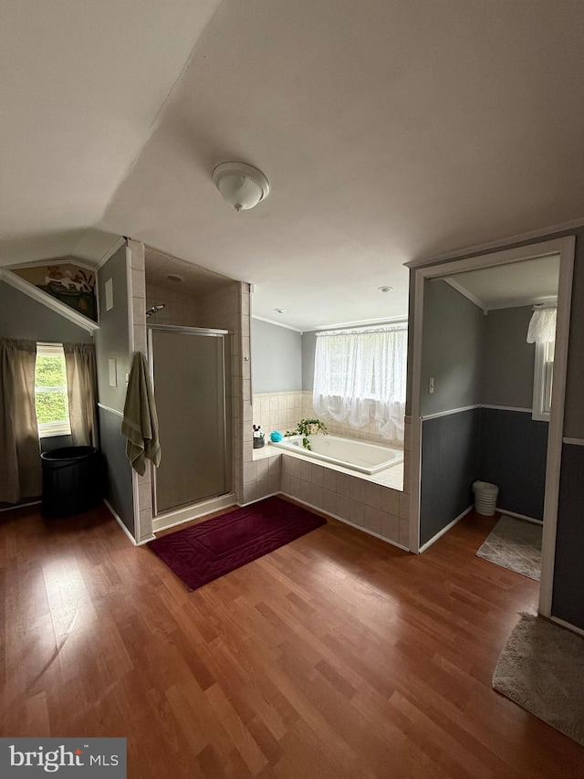 352 Almond Rd, Pittsgrove, NJ 08318 - full bath with wood finished floors, a shower stall, a bath, a wainscoted wall, and vaulted ceiling