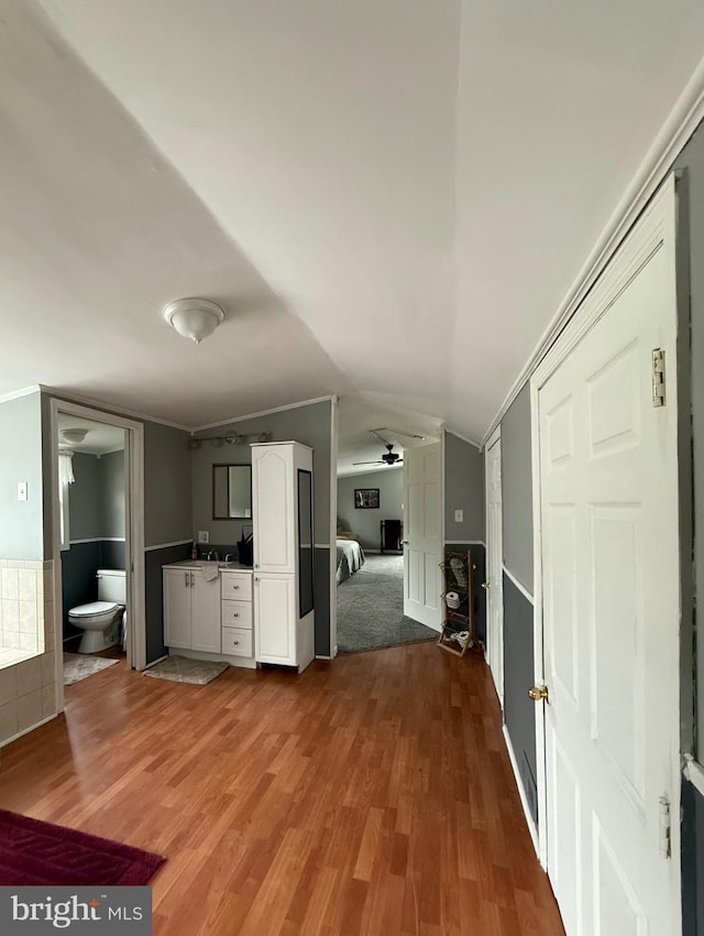 352 Almond Rd, Pittsgrove, NJ 08318 - unfurnished living room with ceiling fan, wood finished floors, and vaulted ceiling