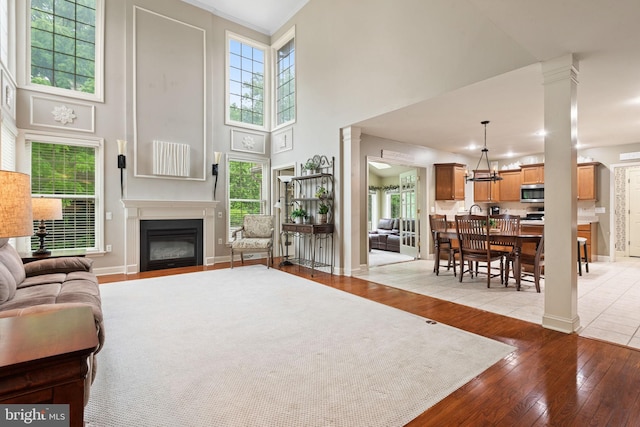 16 Fox Hollow Dr, Lancaster, PA 17602 - living room with a glass covered fireplace, light wood-type flooring, decorative columns, a towering ceiling, and plenty of natural light