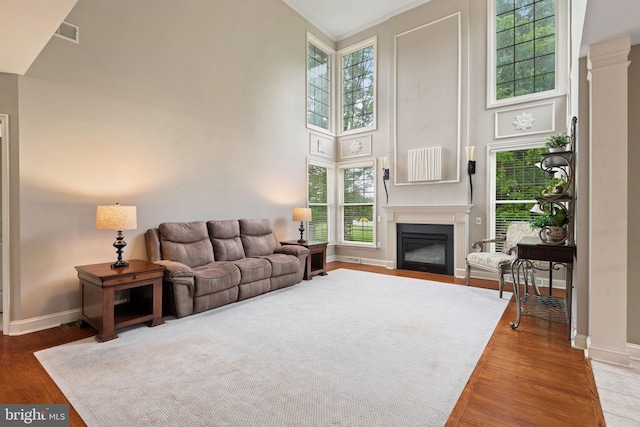 16 Fox Hollow Dr, Lancaster, PA 17602 - living area with wood finished floors, a glass covered fireplace, a high ceiling, and ornamental molding