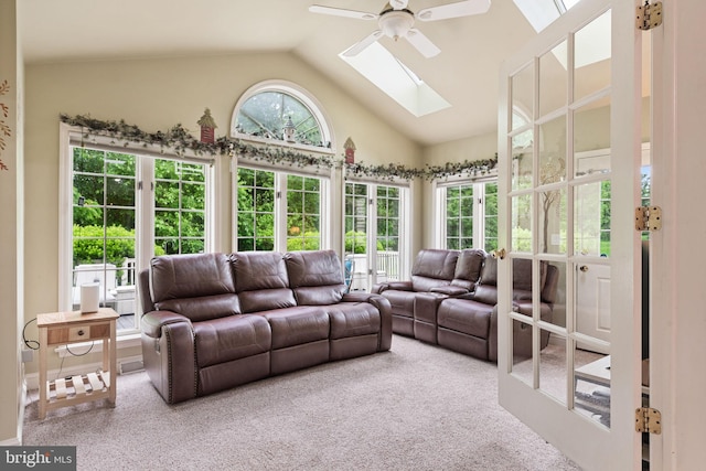 16 Fox Hollow Dr, Lancaster, PA 17602 - carpeted living room with a skylight, a ceiling fan, and high vaulted ceiling