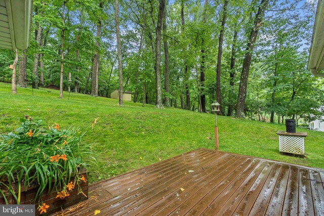 643 Meadow Branch Rd, Westminster, MD 21158 - wooden deck with a storage unit, a lawn, and view of scattered trees