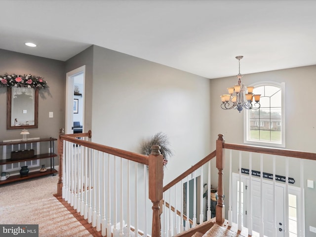 647 Warm Spring Rd, Chambersburg, PA 17202 - hallway featuring an upstairs landing, a chandelier, recessed lighting, and carpet flooring