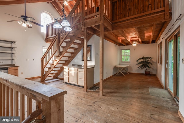 1801 Stringtown Rd, Sparks Glencoe, MD 21152 - unfurnished living room with stairway, wooden ceiling, a ceiling fan, and light wood-style flooring