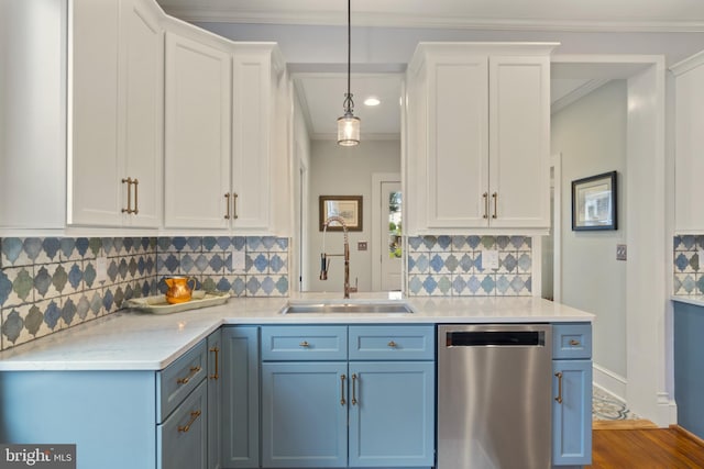 4300 Evans Chapel Rd, Baltimore, MD 21211 - kitchen with dishwasher, blue cabinets, white cabinets, and ornamental molding