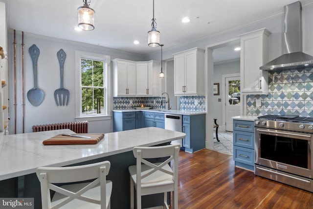 4300 Evans Chapel Rd, Baltimore, MD 21211 - kitchen with wall chimney range hood, appliances with stainless steel finishes, radiator heating unit, blue cabinets, and dark wood finished floors