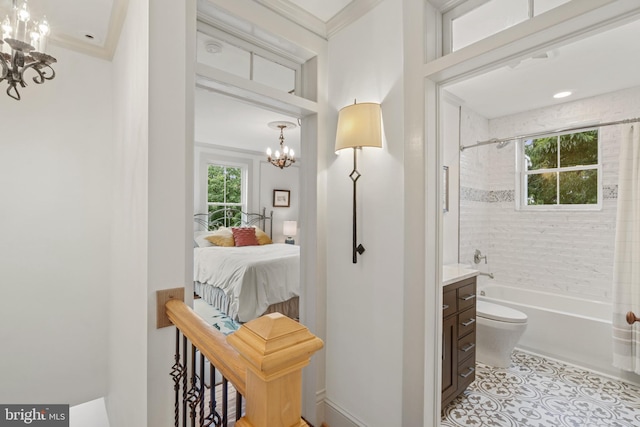 4300 Evans Chapel Rd, Baltimore, MD 21211 - ensuite bathroom with a chandelier, bathtub / shower combination, vanity, crown molding, and tile patterned floors