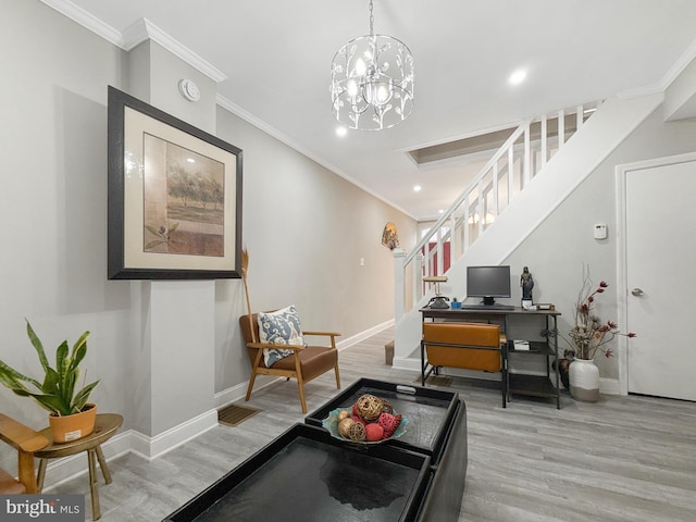 1180 Cleveland St, Baltimore, MD 21230 - interior space featuring wood finished floors, crown molding, a chandelier, and recessed lighting