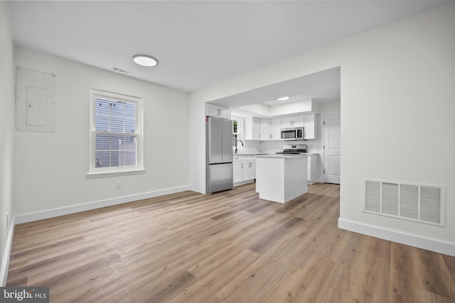 400 Reservoir St, Trenton, NJ 08618 - kitchen with stainless steel appliances, electric panel, light wood finished floors, white cabinets, and plenty of natural light