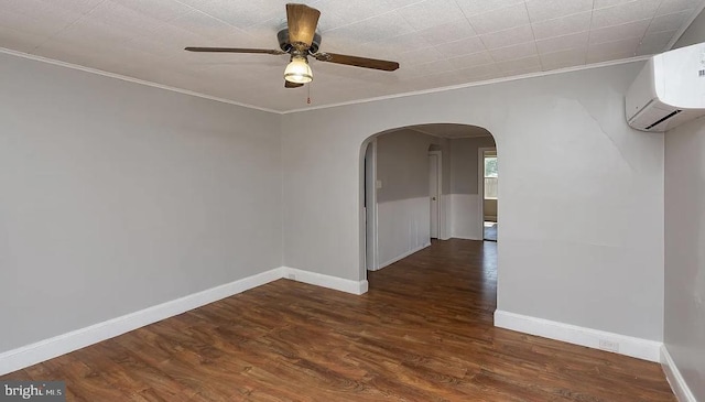 332 E Conestoga Rd, Wayne, PA 19087 - empty room with arched walkways, crown molding, a ceiling fan, wood finished floors, and a wall unit AC
