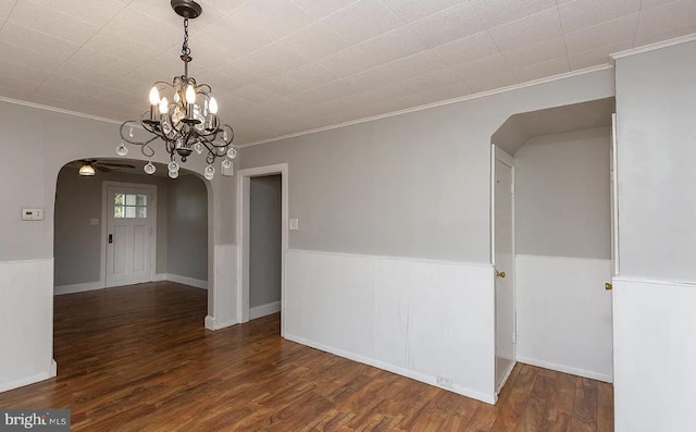 332 E Conestoga Rd, Wayne, PA 19087 - spare room with arched walkways, a chandelier, wood finished floors, crown molding, and a ceiling fan