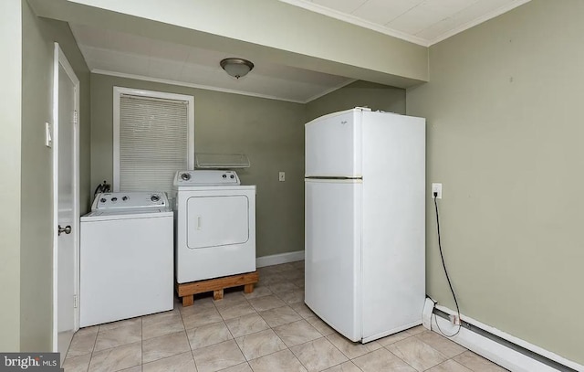 332 E Conestoga Rd, Wayne, PA 19087 - laundry area with independent washer and dryer, ornamental molding, light tile patterned floors, and a baseboard heating unit