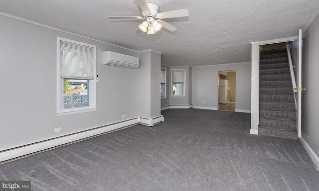 332 E Conestoga Rd, Wayne, PA 19087 - carpeted empty room featuring an AC wall unit, baseboard heating, stairs, ceiling fan, and ornamental molding