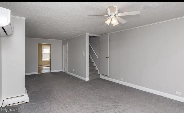 332 E Conestoga Rd, Wayne, PA 19087 - empty room with carpet flooring, baseboard heating, a ceiling fan, ornamental molding, and stairs
