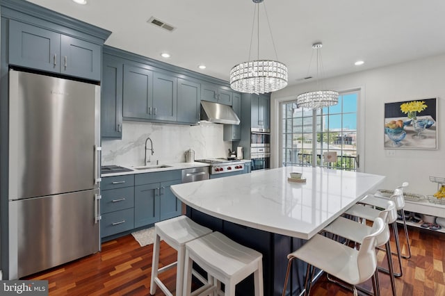 406 Regatta Dr, Philadelphia, PA 19146 - kitchen with stainless steel appliances, under cabinet range hood, dark wood-type flooring, a breakfast bar area, and decorative backsplash