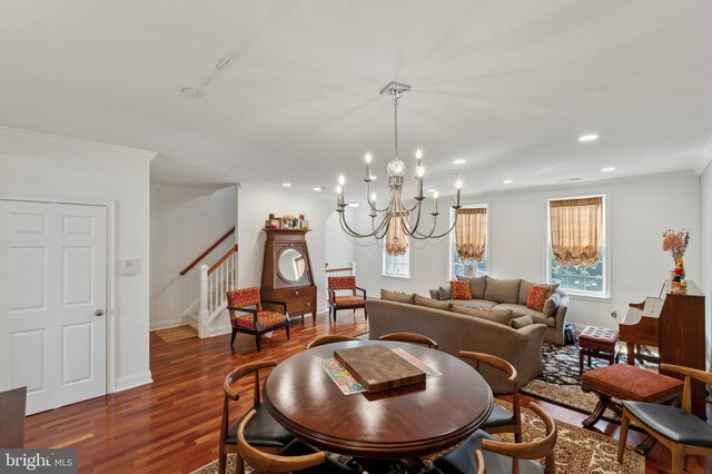 406 Regatta Dr, Philadelphia, PA 19146 - dining area with stairs, wood finished floors, ornamental molding, recessed lighting, and a chandelier