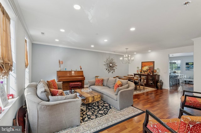 406 Regatta Dr, Philadelphia, PA 19146 - living area with recessed lighting, crown molding, a chandelier, and wood finished floors