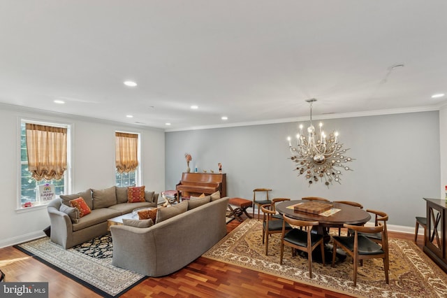 406 Regatta Dr, Philadelphia, PA 19146 - living area with ornamental molding, recessed lighting, wood finished floors, and a chandelier