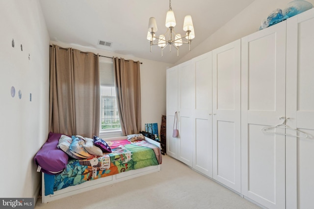 406 Regatta Dr, Philadelphia, PA 19146 - bedroom featuring a chandelier, light colored carpet, and vaulted ceiling