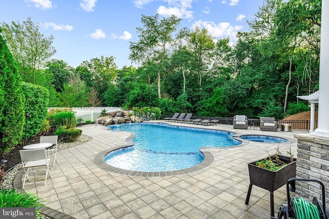 22 Tara Dr, Sewell, NJ 08080 - view of swimming pool featuring a patio area, a fenced backyard, an in-ground hot tub, and view of scattered trees