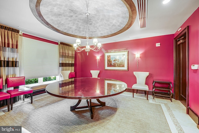 12500 Park Potomac Ave Unit 409, Potomac, MD 20854 - dining space with a tray ceiling, a chandelier, recessed lighting, and inlaid floor details