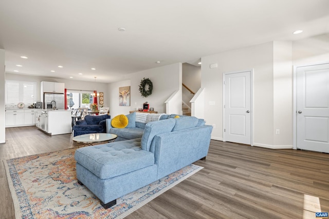 3028 Horizon Rd, Charlottesville, VA 22902 - living room with dark wood-type flooring, stairs, and recessed lighting