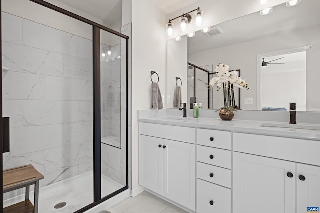 3028 Horizon Rd, Charlottesville, VA 22902 - bathroom featuring marble look tile flooring, a marble finish shower, and double vanity