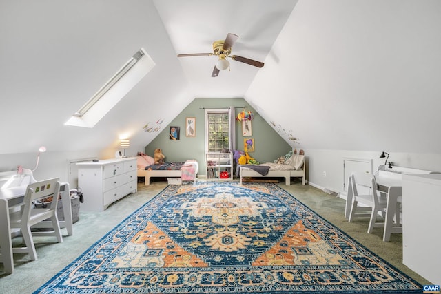 295 Homestead Ln, Charlottesville, VA 22902 - interior space featuring light colored carpet, vaulted ceiling, a ceiling fan, and a skylight