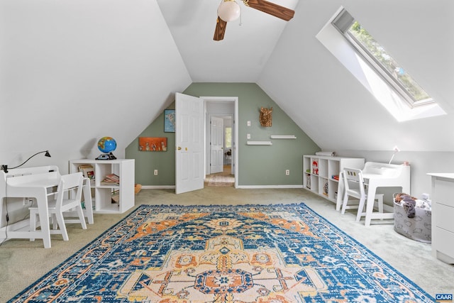 295 Homestead Ln, Charlottesville, VA 22902 - recreation room featuring carpet, vaulted ceiling, a skylight, and ceiling fan